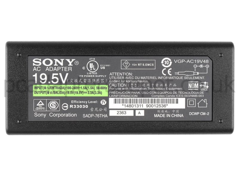 65W Sony VAIO Fit SVF14A15CXB AC Adapter Charger Power Cord