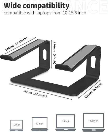 Strong heat dissipation Laptop Stand Aluminum Computer Riser Compatible with Apple 10 inch to 15.6 inch Notebook Computer Black - Click Image to Close