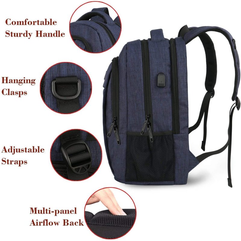 15.6 Inch Laptop Backpack Anti-Theft Business Travel Work Computer Rucksack with USB Charging Port Blue