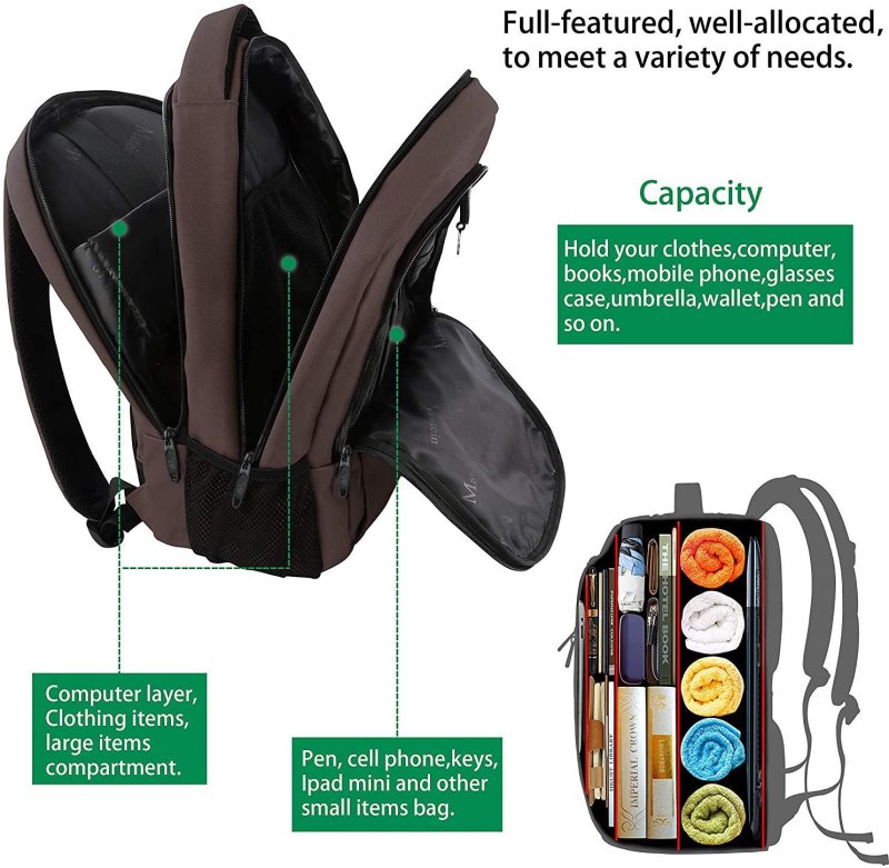 15.6 Inch Laptop Backpack Anti-Theft Business Travel Work Computer Rucksack with USB Charging Port brown