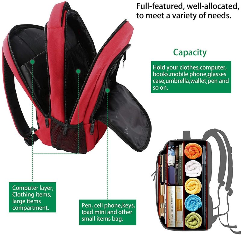 15.6 Inch Laptop Backpack Anti-Theft Business Travel Work Computer Rucksack with USB Charging Port Red