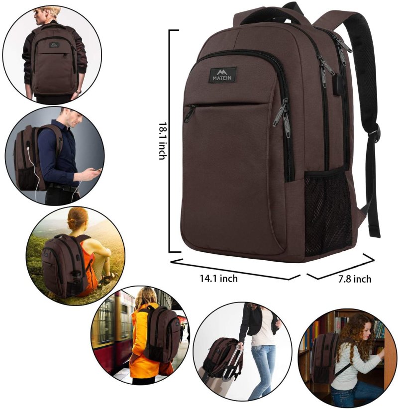 15.6 Inch Laptop Backpack Anti-Theft Business Travel Work Computer Rucksack with USB Charging Port brown