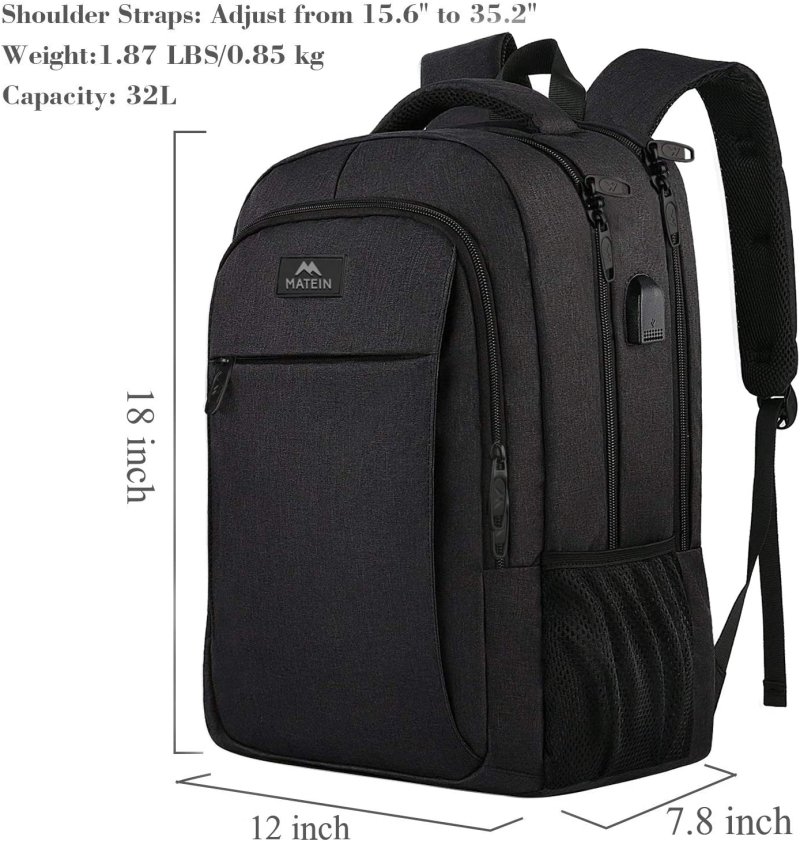 15.6 Inch Laptop Backpack Anti-Theft Business Travel Work Computer Rucksack with USB Charging Port Black