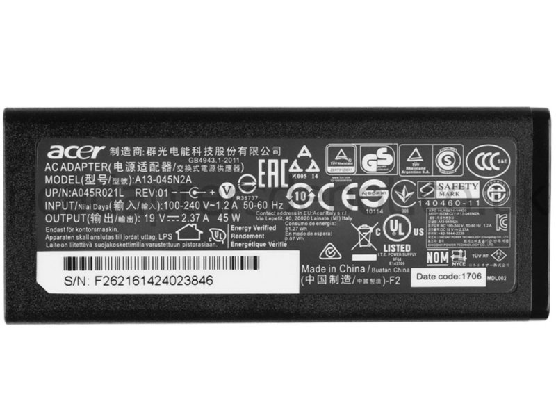 45W Acer Aspire E5-721-685U AC Adapter Charger