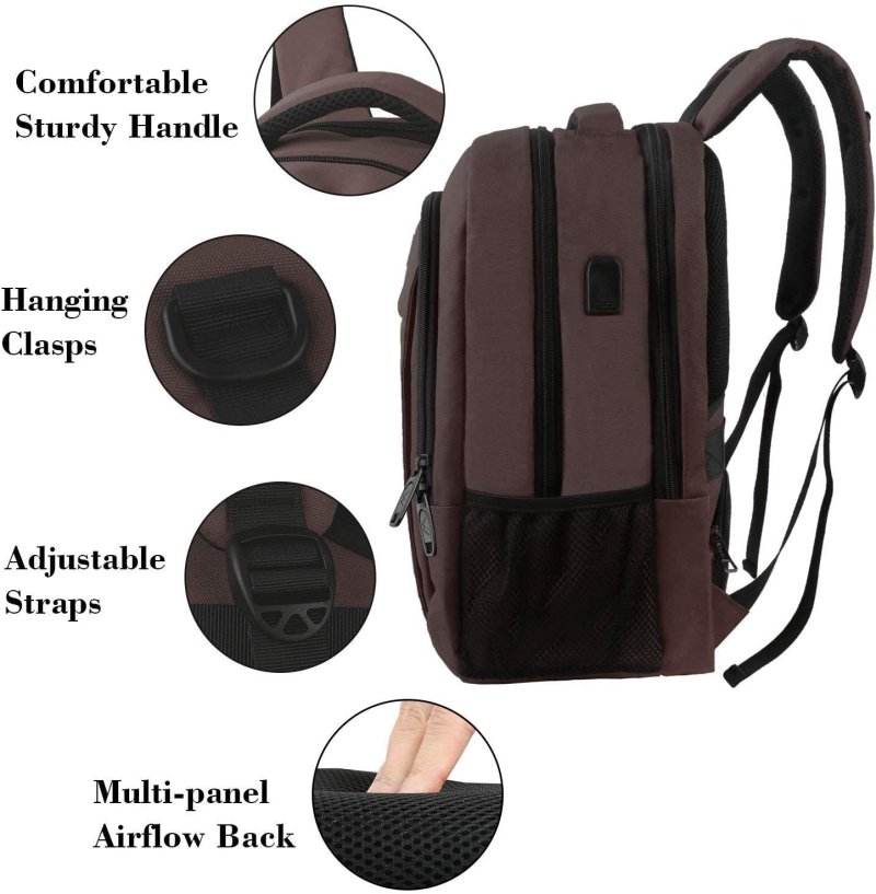 15.6 Inch Laptop Backpack Anti-Theft Business Travel Work Computer Rucksack with USB Charging Port brown