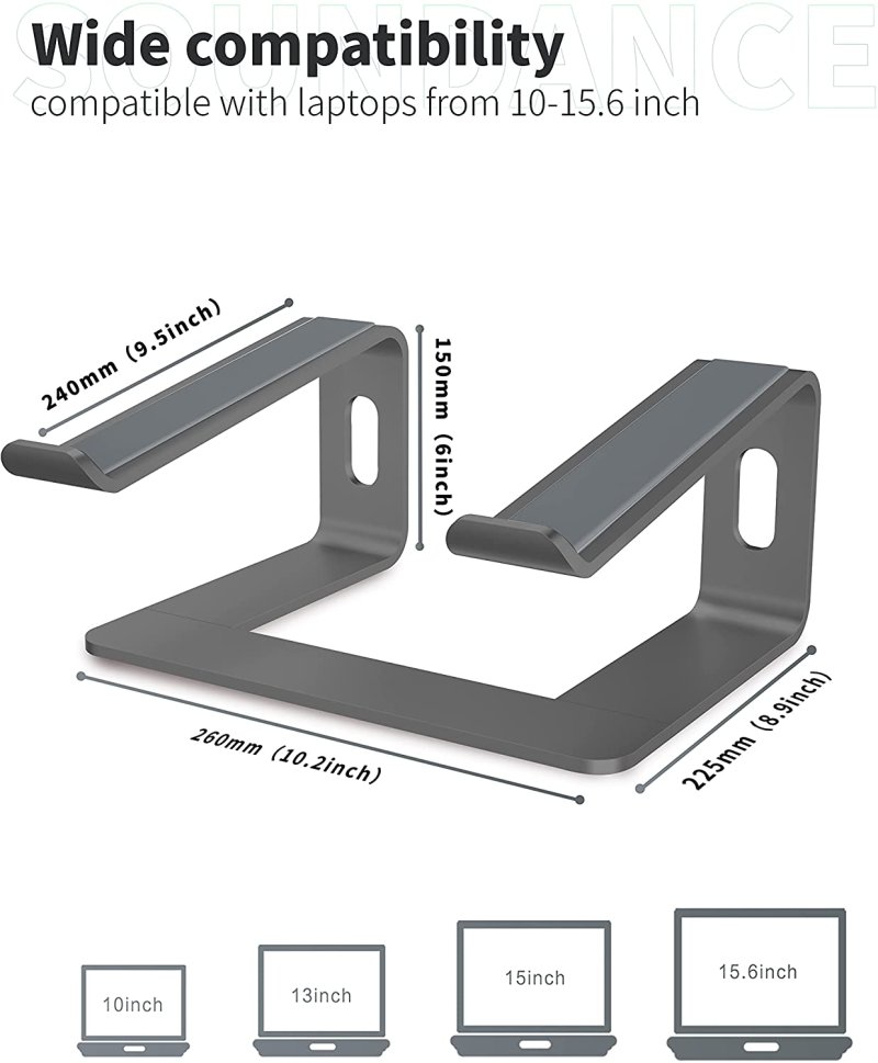 Strong heat dissipation Laptop Stand Aluminum Computer Riser for Apple 10 inch to 15.6 inch Grey